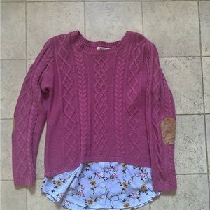 Pink Cable Knit Sweater with Floral Hem